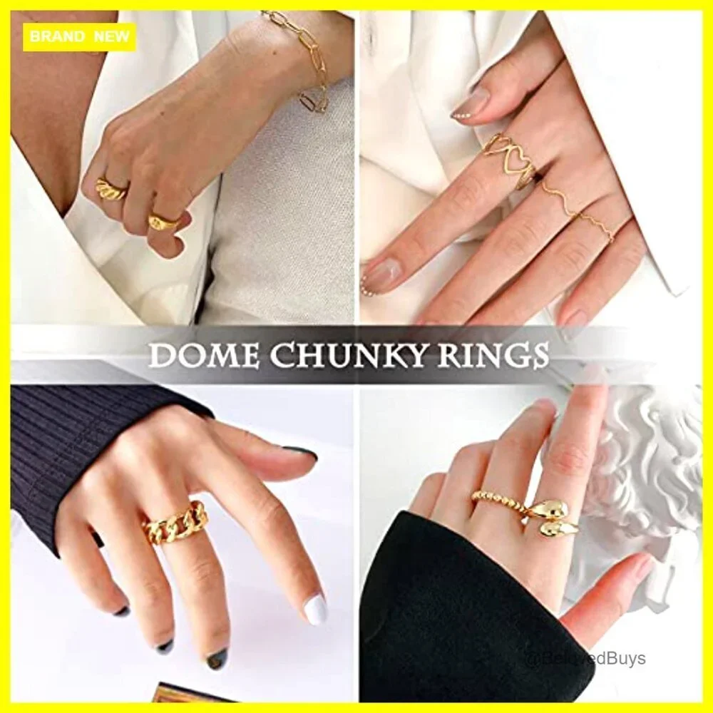 10-Piece Adjustable Chunky Dome Rings Set Gold Plated Size 6-9